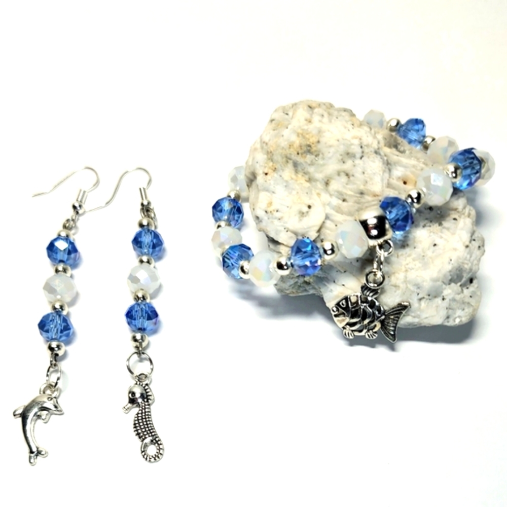 Blue White Crystal Beaded Bracelet Earrings Tibetan Silver Charms Handma…